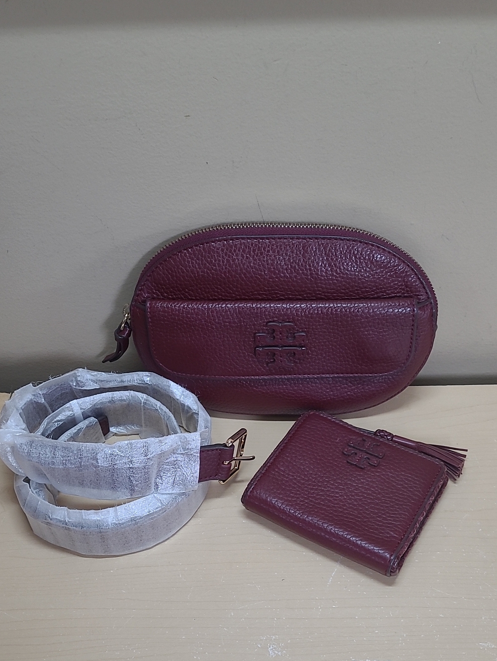 Tory Burch Imperial Garnet Pebbled Leather Belt Bag and Wallet Bundle Like New